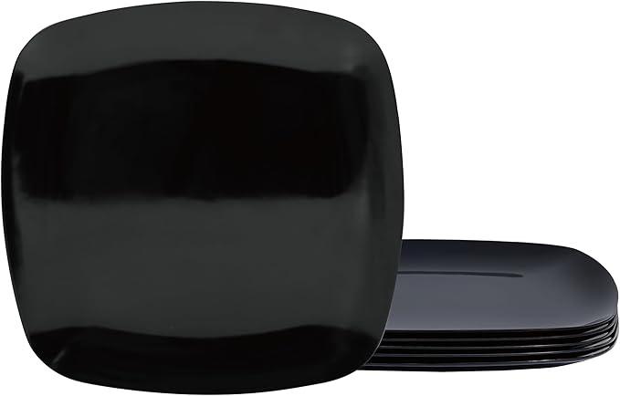 TP 10.5" Melamine Square Dinner Plates, 6-piece Plate Set Unbreakable Serving Dishes for Indoors and Outdoors, Unbreakable Dinner Service for 6, Black