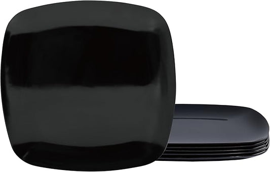 TP 10.5" Melamine Square Dinner Plates, 6-piece Plate Set Unbreakable Serving Dishes for Indoors and Outdoors, Unbreakable Dinner Service for 6, Black