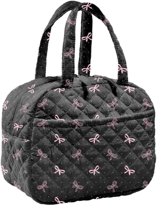 Quilted Lunch Box for Women,Insulated Cute Reusable Lunch Bag with Front Pocket,Pink Flower Stylish Lunch Tote Bag for Work, Office,Picnic, Travel,School (black bow polka dots)