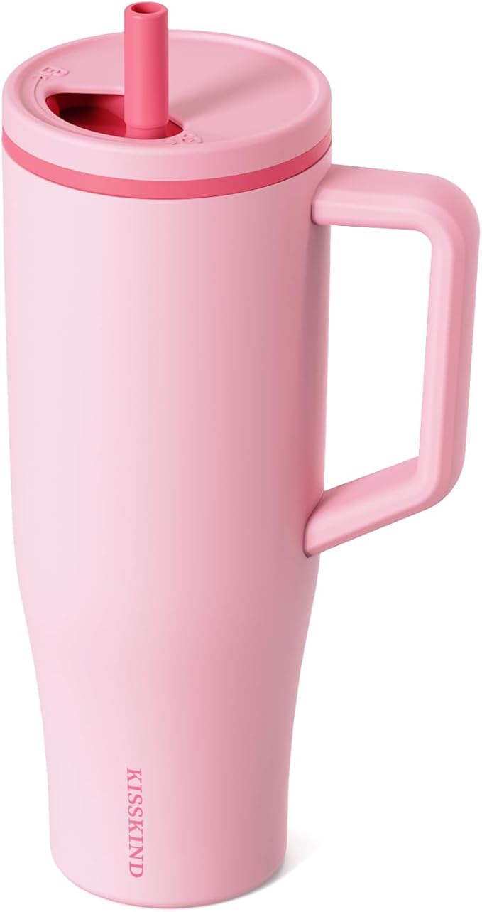 KISSKIND 40 oz Tumbler with Handle and Straw | Lumi Spin Hidden Straw 100% Leakproof Insulated Tumbler | Stainless Steel Water Bottle for Mom, Nurse, Teacher | Pink
