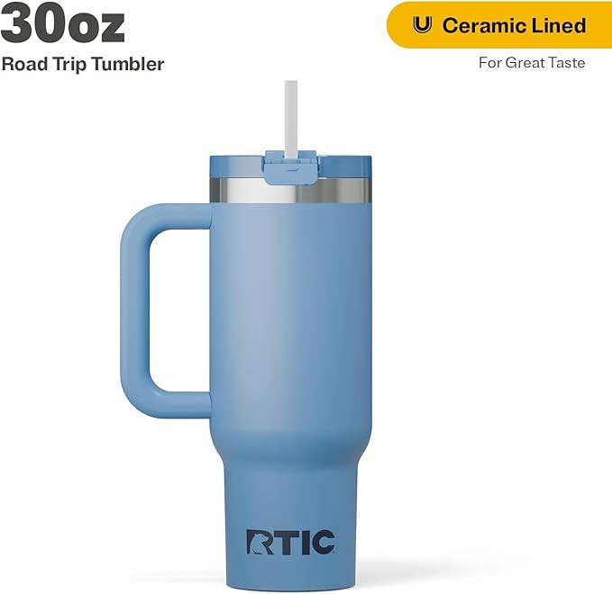 RTIC 30 oz Road Trip Tumbler Double-Walled Insulated Stainless Steel Portable Travel Coffee Mug Cup with Lid, Handle and Straw, Denim