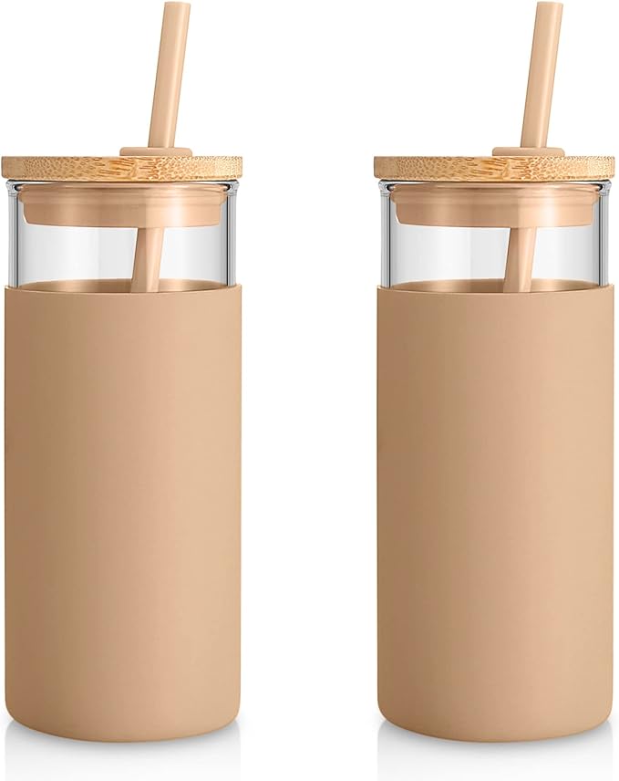 Tronco 20 oz Glass Tumbler with Lid and Straw, Iced Coffee Cup and Smoothie Cup with Bamboo Lids & Protective Silicone Sleeve, Dishwasher Safe, BPA-Free, Glass Cup 2 Pack