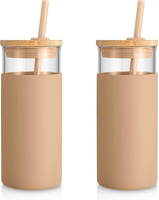 Tronco 20 oz Glass Tumbler with Lid and Straw, Iced Coffee Cup and Smoothie Cup with Bamboo Lids & Protective Silicone Sleeve, Dishwasher Safe, BPA-Free, Glass Cup 2 Pack