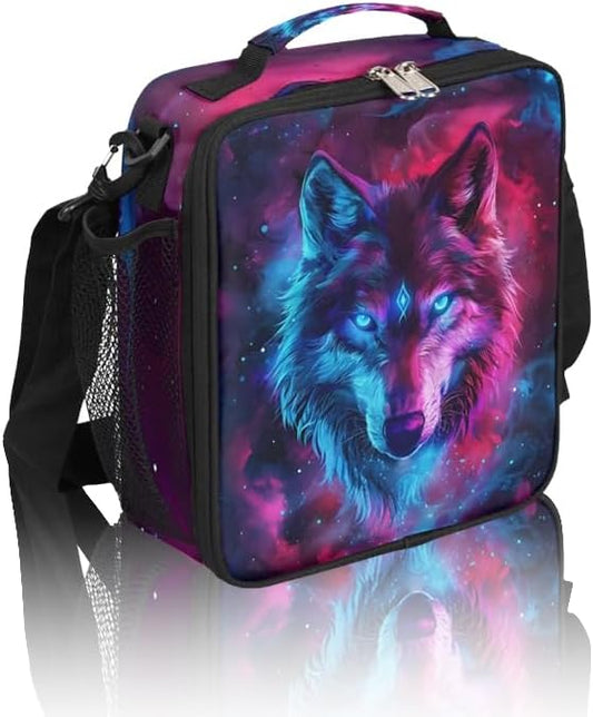 Wolf Lunch Box for Kids, Ethnic Wolf Space Galaxy Lunch Bag for Boys Girls, Reusable Insulated Waterproof Lunch Box with Adjustable Shoulder Strap Thermal Cooler Tote Bag for School Daycare Picnic