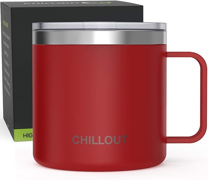 CHILLOUT LIFE Stainless Steel 16 oz Vacuum Insulated Coffee Mug with Handle and Lid, Large Thermal Camping Coffee Mug Cup with Durable Sliding Lid for Men & Women, Keeps your Beverages Hot & Cold