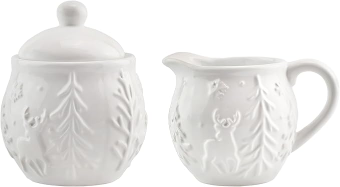 AuldHome Design Reindeer Christmas Cream and Sugar Set; Ceramic Embossed White Serving Sugar Bowl and Cream Pitcher