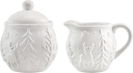 AuldHome Design Reindeer Christmas Cream and Sugar Set; Ceramic Embossed White Serving Sugar Bowl and Cream Pitcher