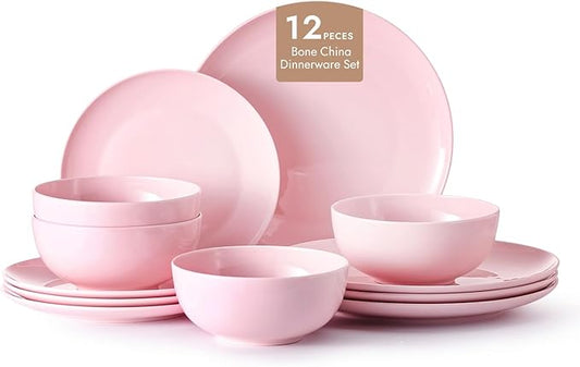 KINGSTONE Bone China Dinnerware Sets, 12-Piece Dinnerware Sets for 4, Lightweight Durable, Dishwasher Safe, Tableware for Daily Use with Elegant Design, Pink