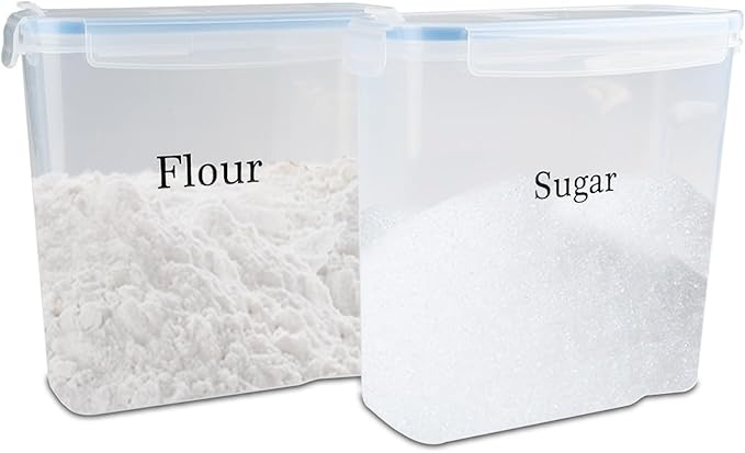 Sugar and Flour Canister 2 Set,Airtight Food Storage Containers with Secure Flap,Clear Plastic Kitchen Pantry Storages Organization,Canisters for Flour and Sugar,Rice,Cereal Storage Container