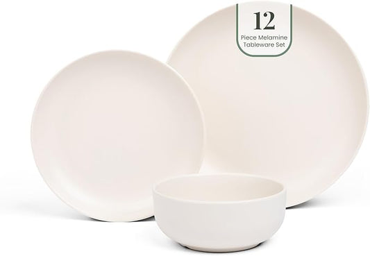 Larder & Vine 12-Piece Melamine Dinnerware Set: Durable, Lightweight, Break-Resistant Plates & Bowls – Stylish, Non-Toxic, Dishwasher Safe – Ideal for Everyday Use, Indoor & Outdoor Dining – Ivory