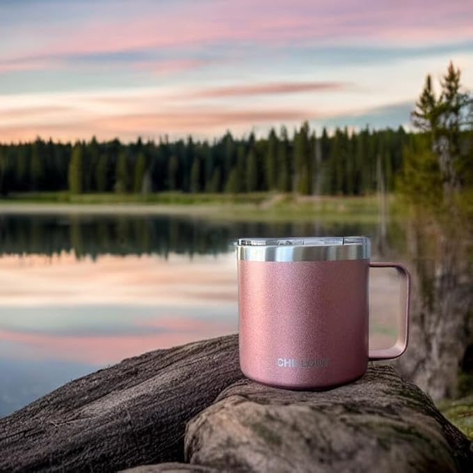 CHILLOUT LIFE Stainless Steel 16 oz - Vacuum Insulated Coffee Mug with Handle and Lid, Large Thermal Camping Coffee Mug Cup with Durable Sliding Lid for Women - Rose Gold