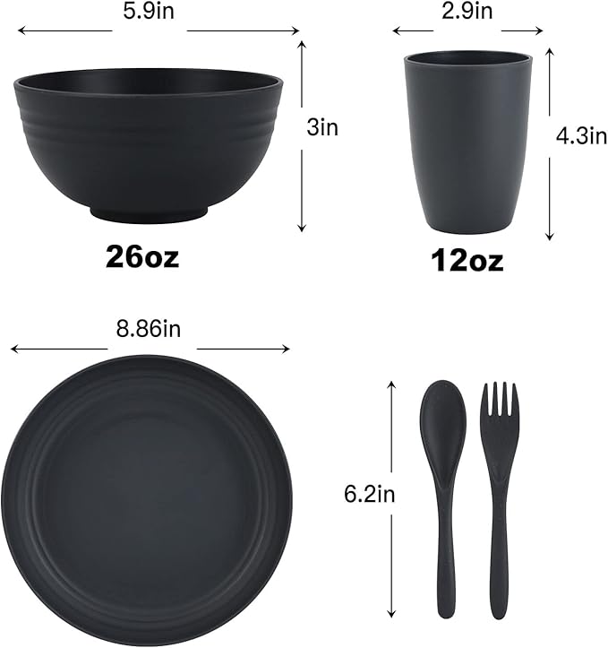 Wheat Straw Dishes Set for 4,Microwave Safe Plates and Bowls Sets, Unbreakable and Ruseable Plastic Dinnerware Sets for Kitchen,Camping,Dorm,Dessert Plates, Water Cups,Serving Bowls（Black,20 PCS）
