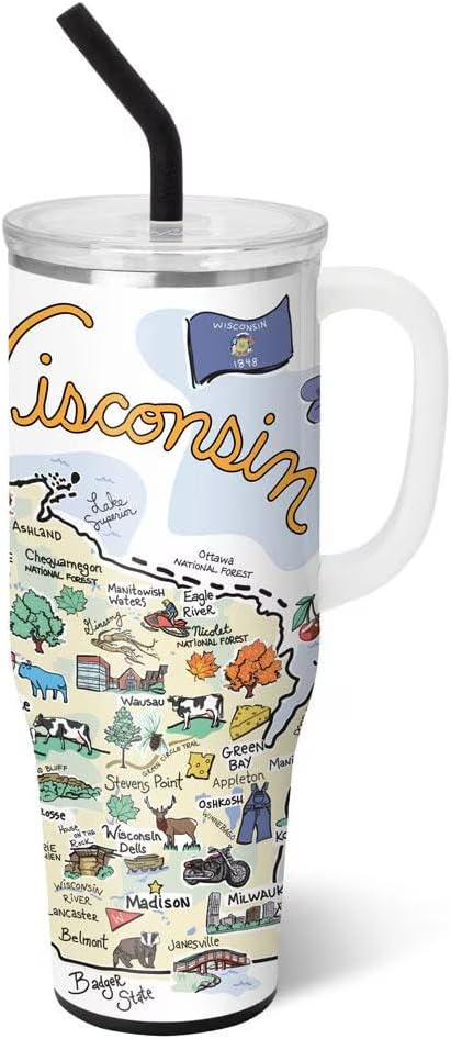 Swig Life 40oz Mega Mug, 40oz Tumbler with Handle and Straw, Extra Large Insulated Tumblers, Cup Holder Friendly Travel Mug (Wisconsin)