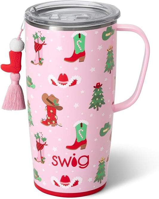 Swig Life 22oz Travel Mug, Insulated Tumbler with Handle and Lid, Cup Holder Friendly, Dishwasher Safe, Stainless Steel, Travel Coffee Cup, Insulated Mug with Lid (Howdy Holidays)