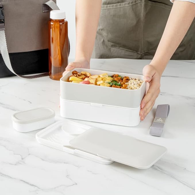Restaurantware-Bento Tek 40.5 Ounces Stackable Lunch Meal Box, 1 Reusable Adult Lunch Container - With Utensils, Included Sauce Cup, Gray & White Plastic Layered Meal Box, Microwavable, Dishwashable