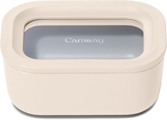 Caraway Mini Rectangle Food Storage Container - 2.6 Cup Glass Storage Container for Food - Non-Toxic Ceramic-Coated Glass - Air Release Technology - Compact & Stackable Design - Cream