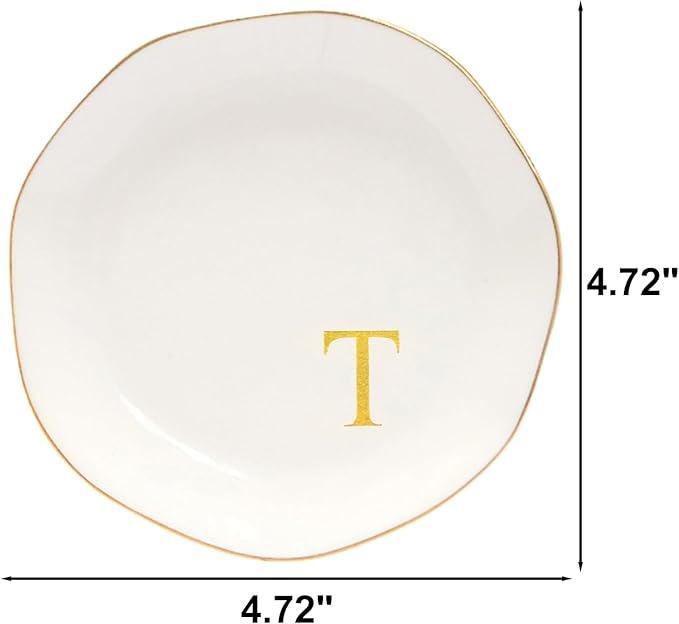 Ceramic Jewelry Tray Initial Ring Dish Personalized T-Monogrammed Engagement Wedding Gifts, for Birthday Mother's Day Christmas for Women, Ceramic White 4.75" (T)