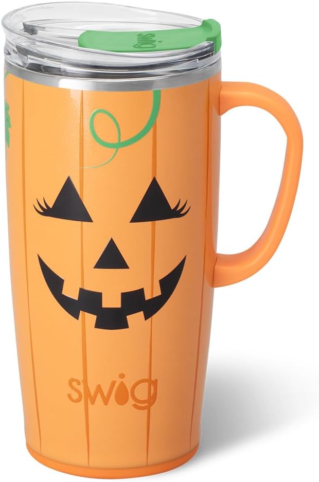 Swig Life 22oz Travel Mug, Hallowen Insulated Tumbler with Handle and Lid, Travel Coffee Mug, Cup Holder Friendly, Stainless Steel 22 oz Tumbler, Reusable Insulated with Lid (Boo Crew Pumpkin)