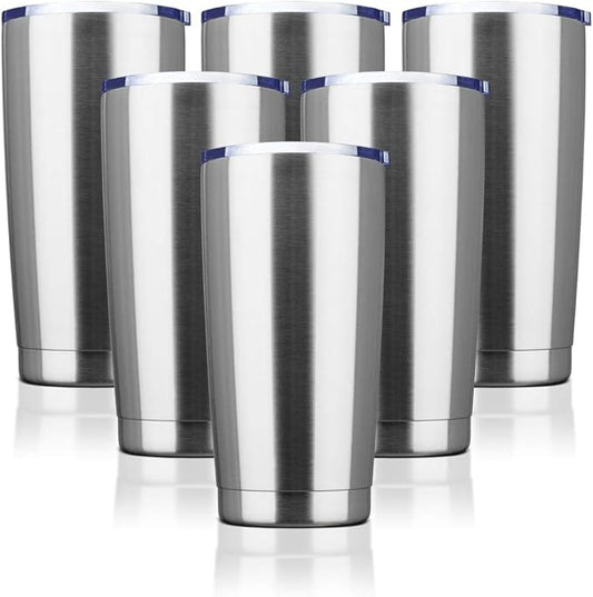 20oz Tumbler Bulk Stainless Steel Vacuum Insulated Tumblers with Lid Double Wall Travel Mug, Powder Coated Coffee Cup, Suitable for Ice Drinks and Hot Beverage(Stainless steel 6pack)