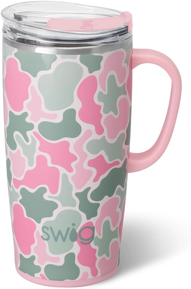 Swig Life 22oz Travel Mug, Insulated Tumbler with Handle and Lid, Travel Coffee Mug, Cup Holder Friendly, Stainless Steel 22 oz Tumbler, Reusable Insulated with Lid (Blushing Camo)
