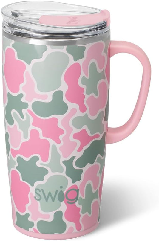 Swig Life 22oz Travel Mug, Insulated Tumbler with Handle and Lid, Travel Coffee Mug, Cup Holder Friendly, Stainless Steel 22 oz Tumbler, Reusable Insulated with Lid (Blushing Camo)