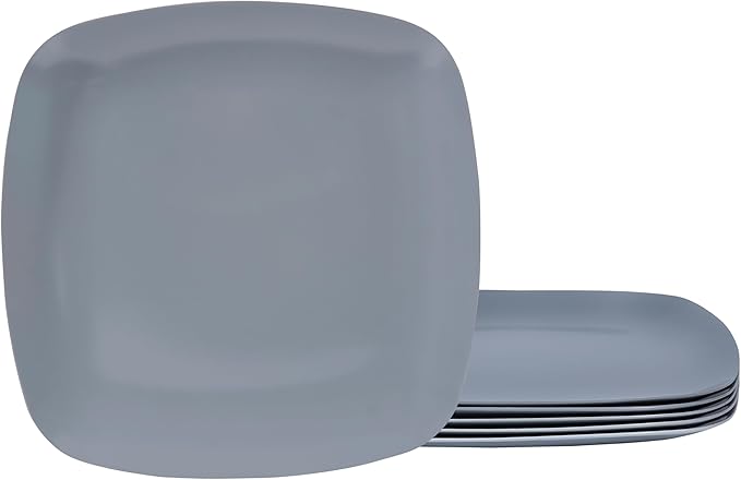 TP 10.5" Melamine Square Dinner Plates, 6-piece Plate Set Unbreakable Serving Dishes for Indoors and Outdoors, Unbreakable Dinner Service for 6, Gray