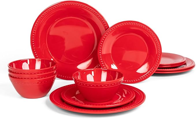 Red Melamine Dinnerware Sets of 12 Pcs, BPA Free Dishes Set, Plates and Bowls Sets for Indoor Outdoor Dining on the Beach, RV, Camping Use,Lightweight Unbreakable Dishwasher Safe