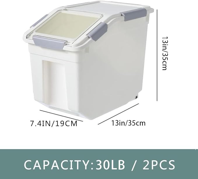 30Lbs 2 Pack Food Storage Container with Scoop, Airtight Rice Storage Bins Flour Containers Pet Food Dispenser with Handle & Wheels, Plastic Kitchen Pantry Organization for Cereal Baking Supplies