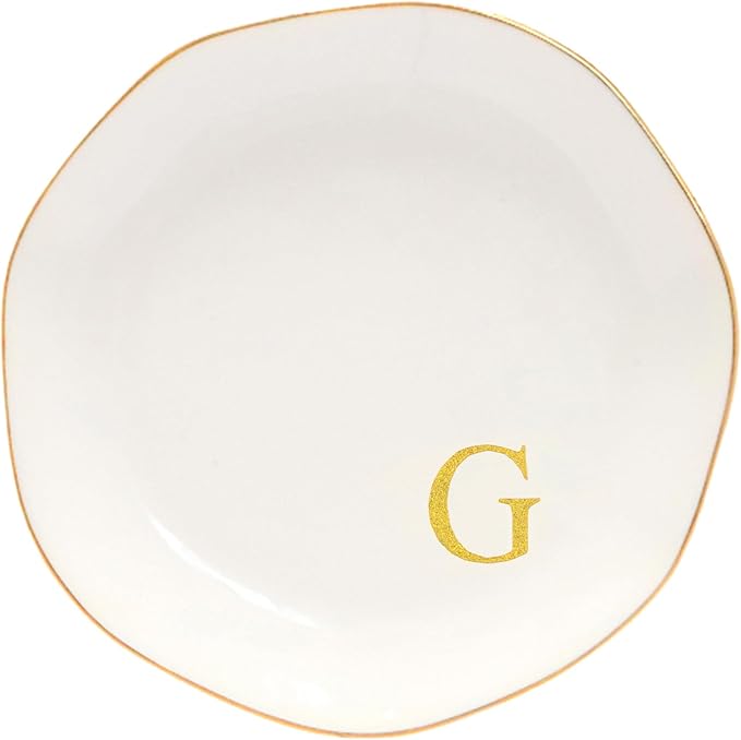 Ceramic Jewelry Tray Initial Ring Dish Personalized G-Monogrammed Engagement Wedding Gifts, for Birthday Mother's Day Christmas for Women, Ceramic White 4.75" (G)