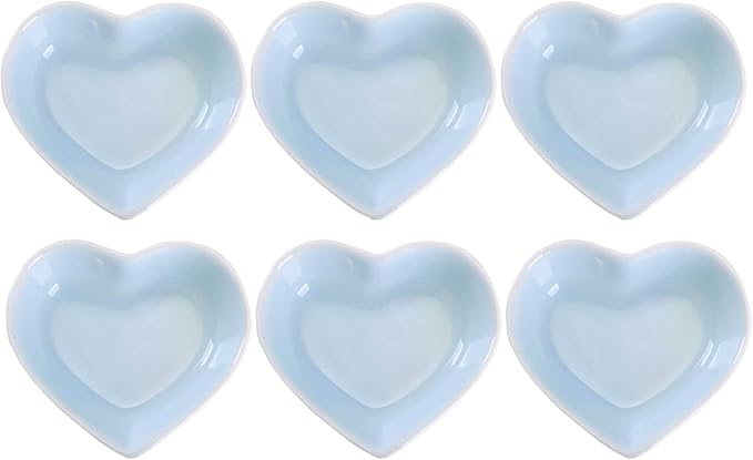 WHJY Blue Love Heart Shaped Ceramic Side Dish Bowl, Contemporary Porcelain Side Dishes Bowl, Seasoning Dishes Soy Dipping Sauce Dishes for Wedding Birthday Party- Set of 6