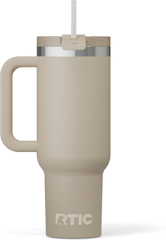 RTIC 40 oz Road Trip Tumbler Double-Walled Cermaic Lined Insulated Stainless Steel Portable Travel Coffee Mug Cup with Lid, Handle and Straw, Beach