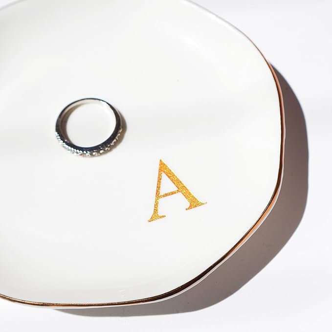 Ceramic Jewelry Tray Initial Ring Dish Personalized M-Monogrammed Engagement Wedding Gifts, for Birthday Mother's Day Christmas for Women, Ceramic White 4.75" (M)