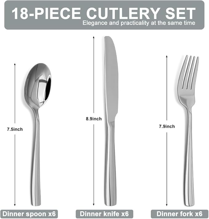 Silverware Set,18/10 Stainless Steel 18Piece Silverware Set For 6,With Dinner Knives Spoon Forks Set for Home, Kitchen and Restaurant, Mirror Polished& Dishwasher Safe