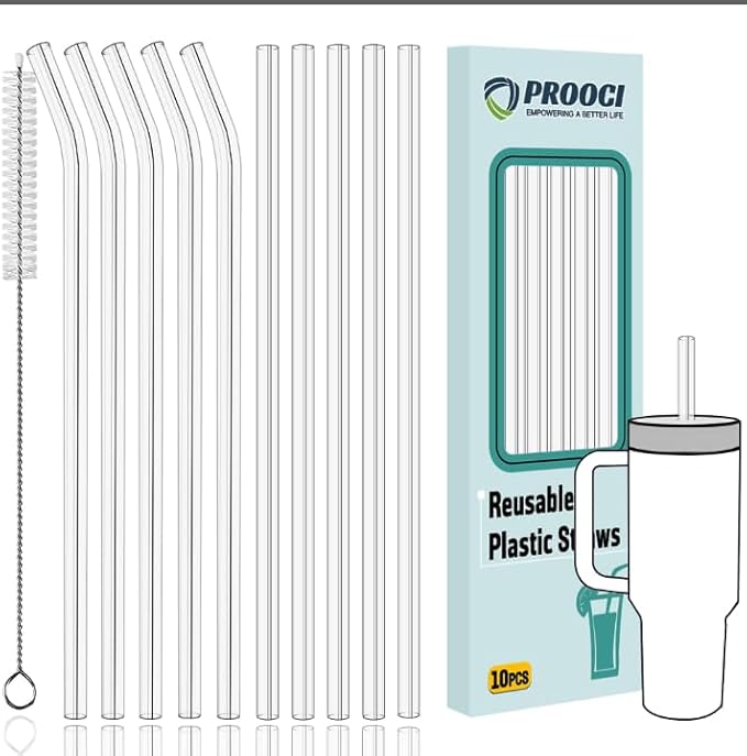 PROOCI 12" Reusable Straws for Stanley/Yeti 30oz-40oz Cup Tumbler, 10-Pack Long Plastic Straws with Cleaning Brush, Clear Bend Replacement Straw for Drinking Smoothie, Milkshake | Food Grade Tritan
