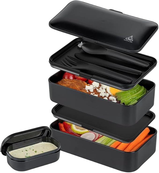Restaurantware Bento Tek 40.5 Ounces Stackable Lunch Box 1 Reusable Adult Lunch Container - With Utensils Included Sauce Cup Black Plastic Layered Lunch Box Microwavable Dishwashable