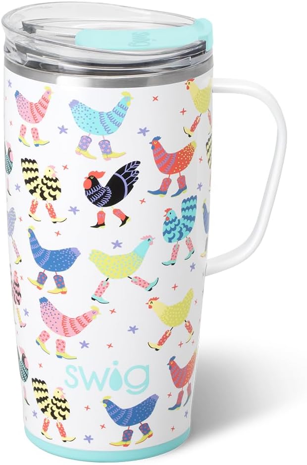 Swig Life 22oz Travel Mug, Insulated Tumbler with Handle and Lid, Travel Coffee Mug, Cup Holder Friendly, Stainless Steel 22 oz Tumbler, Reusable Insulated with Lid (Funky Chicken)