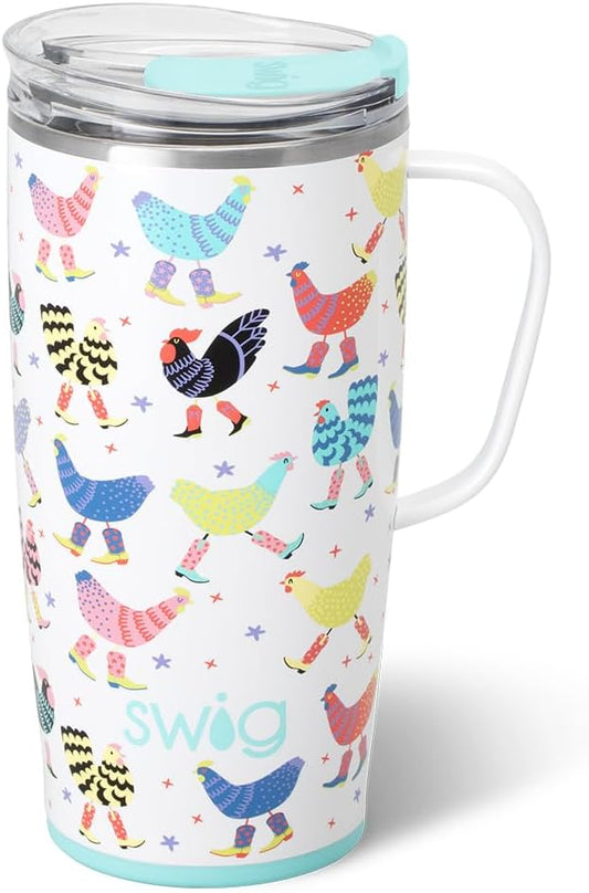 Swig Life 22oz Travel Mug, Insulated Tumbler with Handle and Lid, Travel Coffee Mug, Cup Holder Friendly, Stainless Steel 22 oz Tumbler, Reusable Insulated with Lid (Funky Chicken)