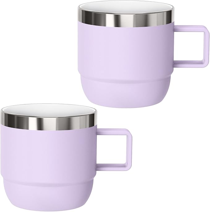 6 oz Espresso/Coffee Mug with Handle, Ceramic-Lined 18/8 Stainless Steel, Double-Wall Vacuum Insulated, Stackable, Dishwasher Safe, Fits Most Espresso Machines (Lilac, 2 Pack)