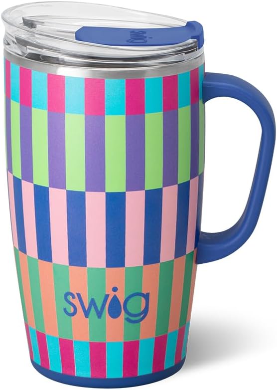 Swig Life 18oz Travel Mug, Insulated Tumbler with Handle and Lid, Travel Coffee Mug, Cup Holder Friendly, Stainless Steel 18 oz Tumbler, Reusable Insulated with Lid (Brite Stripe)