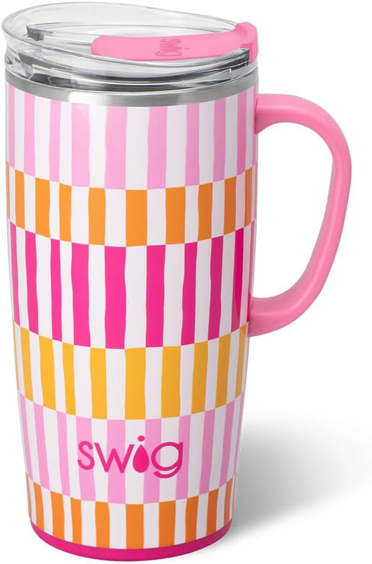 Swig Life 22oz Travel Mug, Insulated Tumbler with Handle and Lid, Travel Coffee Mug, Cup Holder Friendly, Stainless Steel 22 oz Tumbler, Reusable Insulated with Lid (Sherbet Stripe)