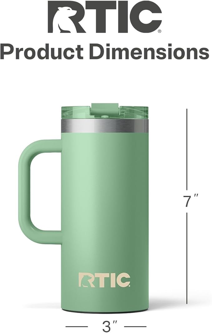 RTIC 16oz Road Trip Travel Mug with Lid and Handle, Ceramic Lined, Insulated, Stainless Steel, Metal, Double Wall Vacuum-Insulation, Portable Coffee, Tea Cup for Hot and Cold Drink, Sage