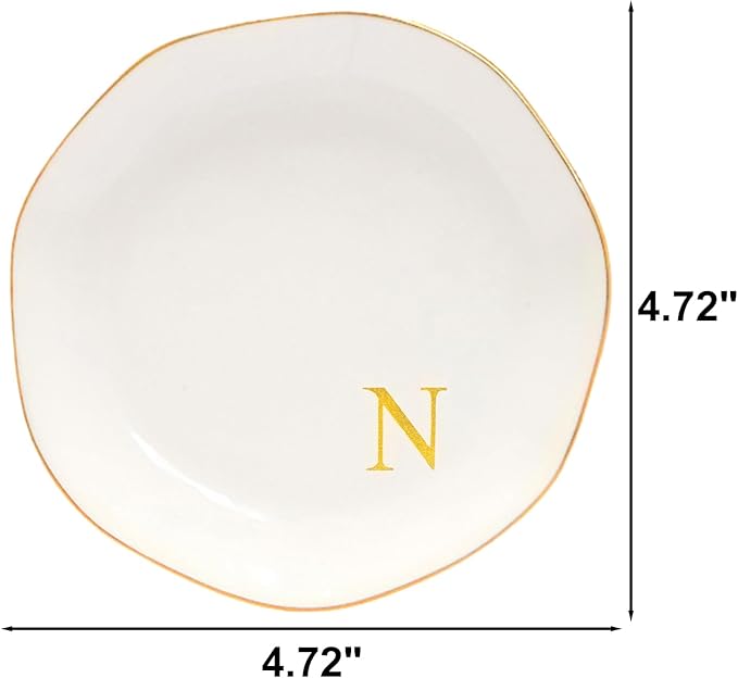 Ceramic Jewelry Tray Initial Ring Dish Personalized N-Monogrammed Engagement Wedding Gifts, for Birthday Mother's Day Christmas for Women, Ceramic White 4.75" (N)