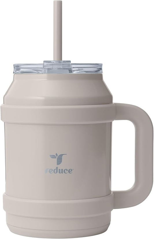 REDUCE Reusable 50 oz Cold1 Water Tumbler – Ergonomic Handle – Double-Wall Insulation – Sturdy Desktop/Tabletop Mug with Lid and Straw – BPA-Free – Stainless Steel for Gym, Home, or Office– Sand