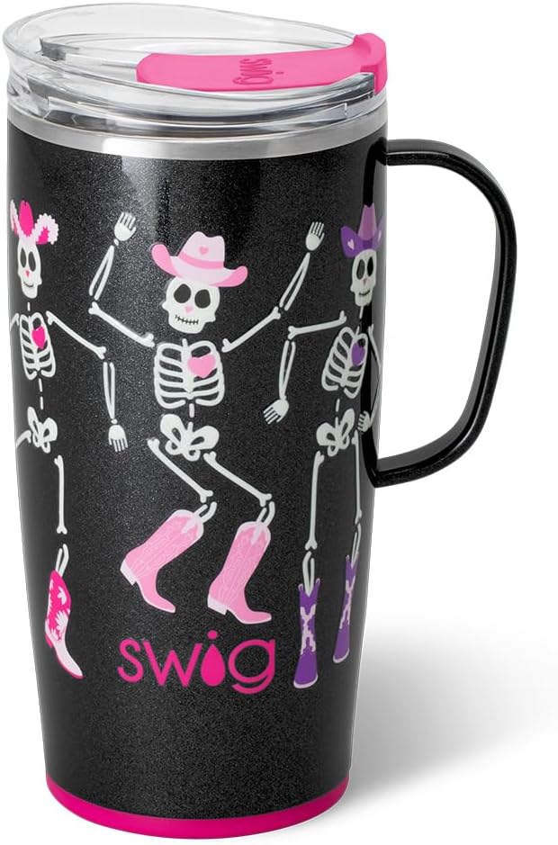 Swig Life 22oz Travel Mug, Halloween Insulated Tumbler with Handle and Lid, Travel Coffee Mug, Cup Holder Friendly, Stainless Steel 22 oz Tumbler, Reusable Insulated with Lid (Let's Go Ghouls)