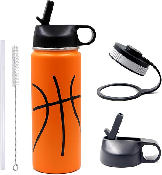 18 oz Basketball Water Bottle, Metal Thermo Travel Tumbler Sports Flask with 2 Lids, Stainless Steel Double Wall Vacuum Leak Proof Insulated Water Bottles, Basketball Accessories Gifts for Boys Girls