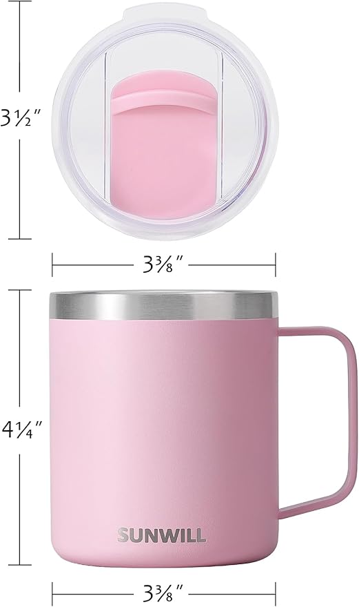 SUNWILL Insulated Coffee Mug with Lid, Travel Tumbler Reusable, 14 oz Stainless Steel Cup for Camping, Office, Home, Powder Coated Sakura