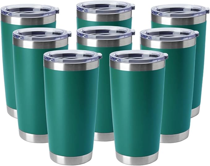 HASLE OUTFITTERS 20oz Tumblers Stainless Steel Mugs with Lid Double Wall Vacuum Insulated Coffee Cups for Cold & Hot Drinks (20oz-Dark Green, 8 Pack)
