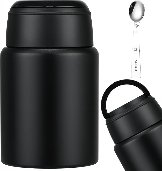 17oz Soup Thermo for Hot Food Kids Insulated Food Jar,Thermo Hot Food Lunch Container, Width Mouth Stainless Steel Lunch Box for Kids with Handle Folding Spoon(Black-Pure)