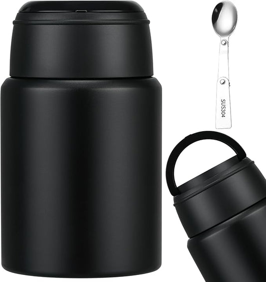 17oz Soup Thermo for Hot Food Kids Insulated Food Jar,Thermo Hot Food Lunch Container, Width Mouth Stainless Steel Lunch Box for Kids with Handle Folding Spoon(Black-Pure)