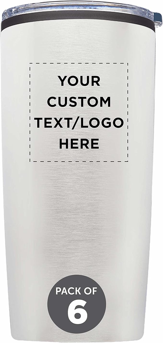 Custom Plastic Tumblers 20 oz. Set of 6, Personalized Bulk Pack - With lids, Ice Coffee Tumbler, To Go Cup, Insulated - Silver